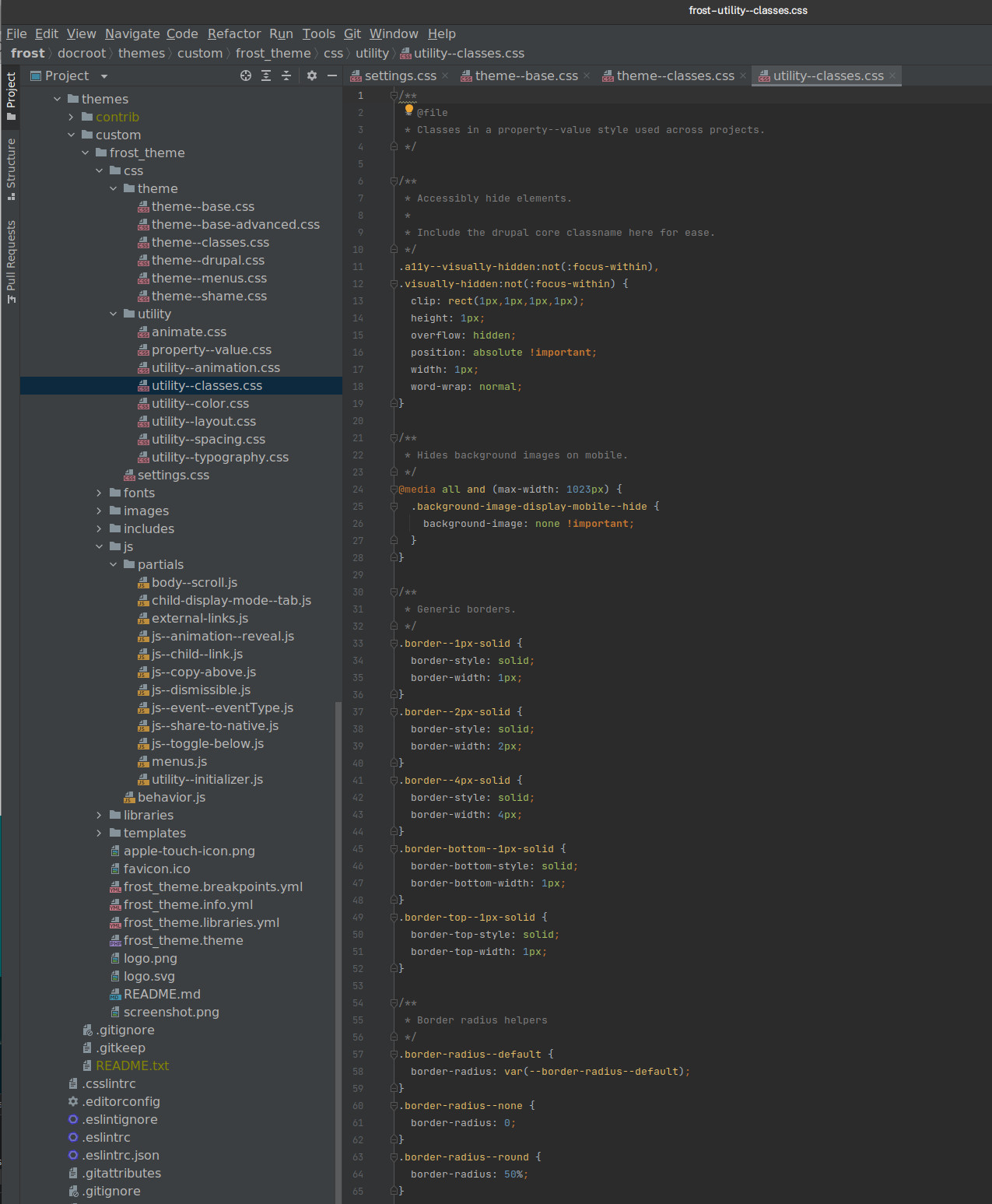 frost in PHPStorm, showing the CSS and JS structure