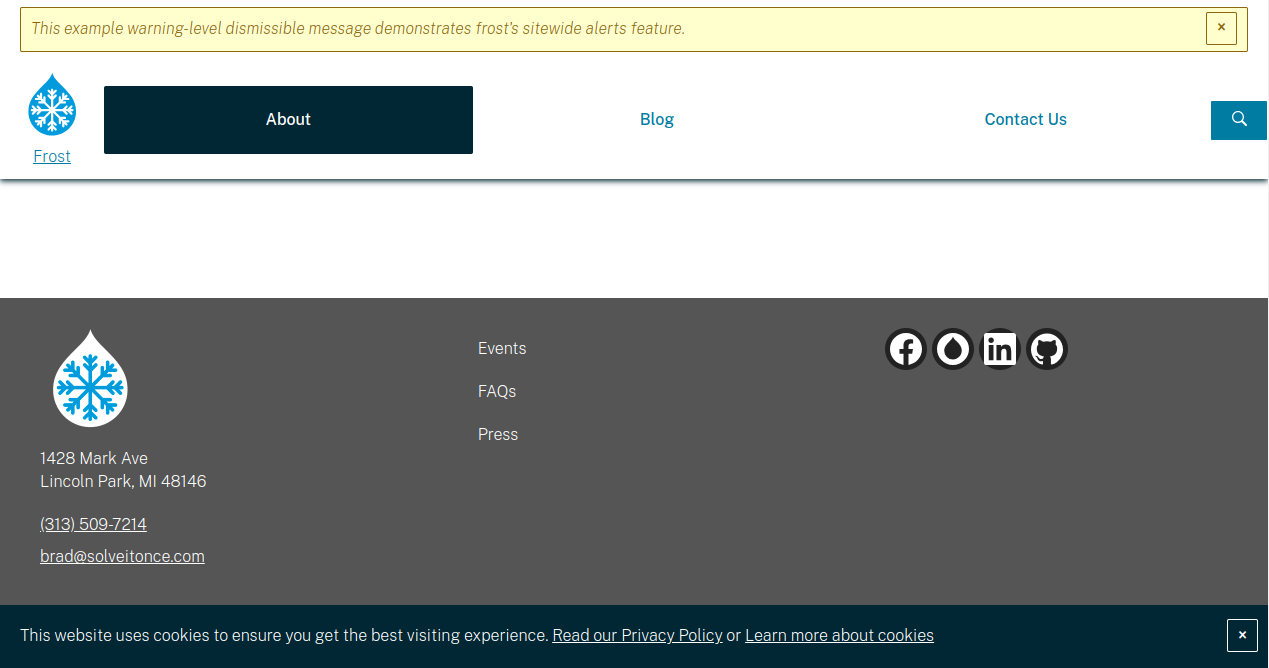 Screenshot showing the header and footer of the frost demo site on desktop
