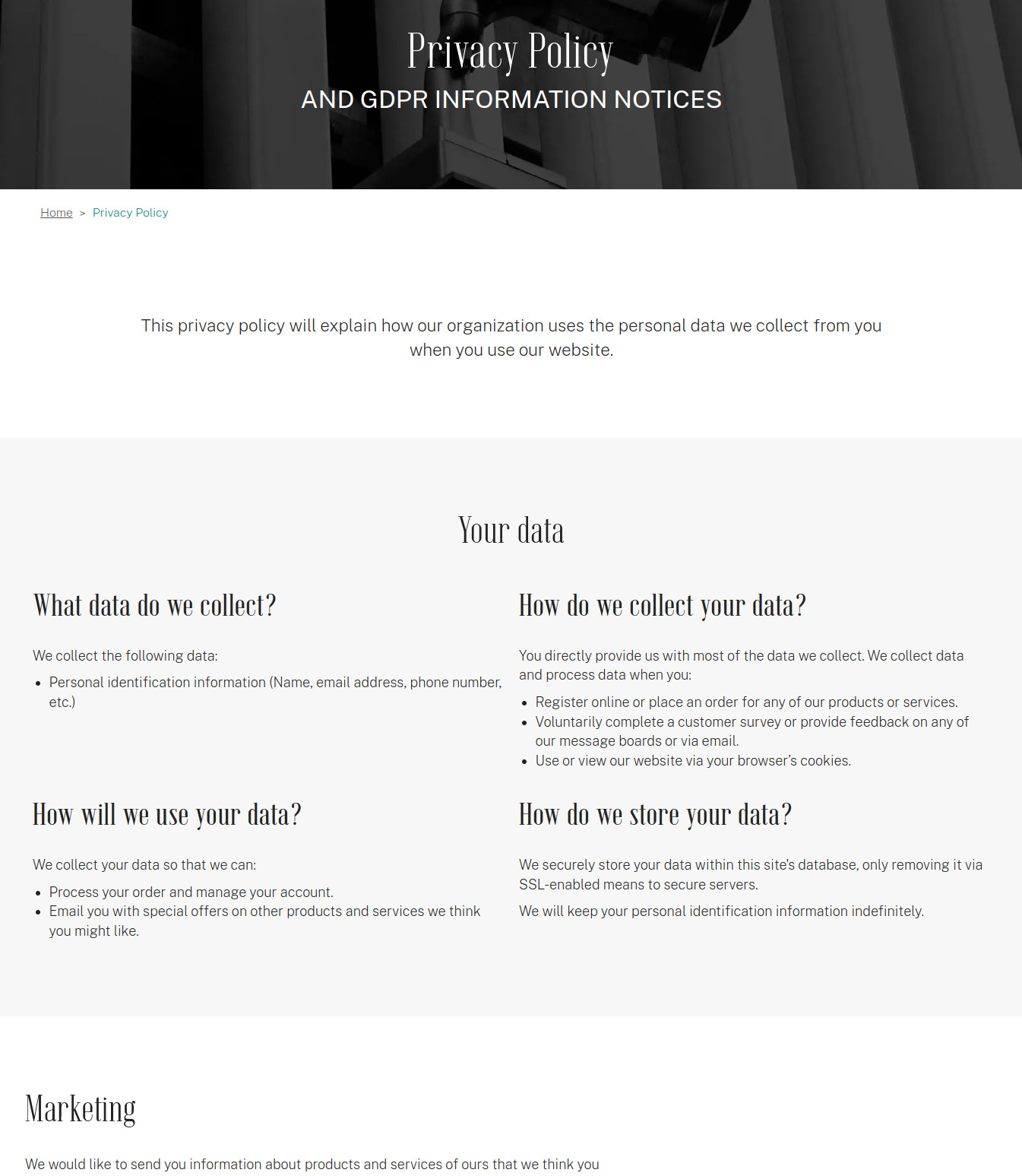 Screenshot of the frost default Privacy Policy, with images and alternating stripes for interest