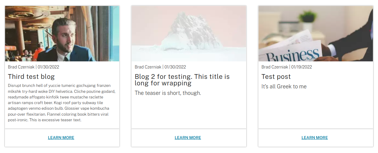 Screenshot showing three article teasers side-by-side